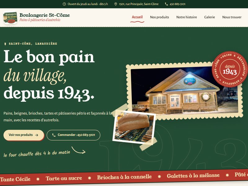 Boulangerie St-Côme website, a traditional bakery in Saint-Côme since 1943