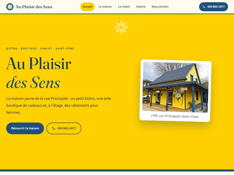 Au Plaisir des Sens website, a bistro, boutique and chalet in Saint-Côme